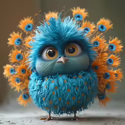 a blue fluffy toy with orange, yellow and blue feathers