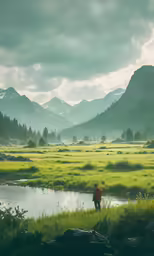 a man is standing in the field near the river