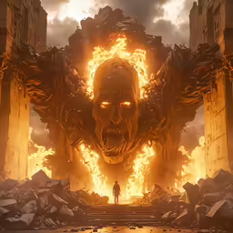a man standing in front of a giant demonic demonic creature in a blazing scene