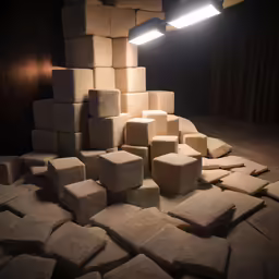 a room filled with lots of blocks and some lights