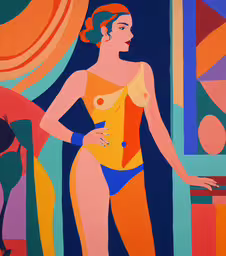 a painting shows a girl in swimsuit, with a man behind her,an image of a woman that is standing next to a painting