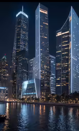 this is a night scene with tall buildings in the city