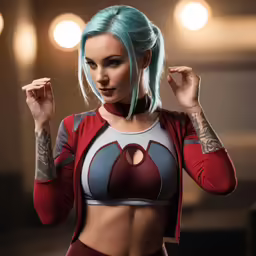 the woman with blue hair has tattoos on her arm