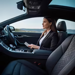 a woman in a business suit sitting in the front seat of a car
