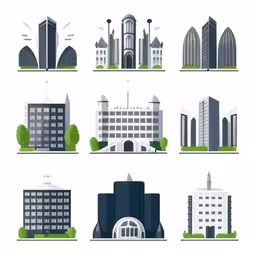 an image of the different buildings in the city,different buildings in the style of flat art