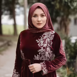 a woman wearing a maroon and white patterned dress