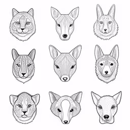 four different animals in black and white,six different types of wolfs, each with different eyes