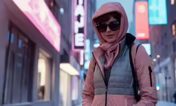 a woman in sunglasses is posing on the side walk