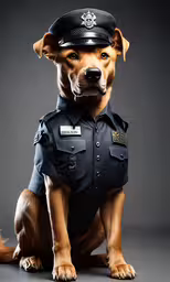 there is a dog that has been dressed up as a police officer,a dog wearing a police uniform is sitting down