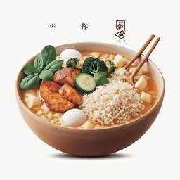 rice and vegetables in a bowl with chop sticks