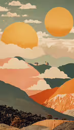 a mountain with clouds and mountains painted on it,an art piece shows the setting sun and mountains