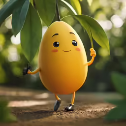a close up of a small toy standing under a leaf