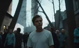 a man standing outside with other people in the street