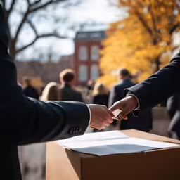 two men in suits shake hands over a box