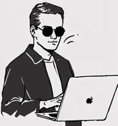 a drawing of a man with sunglasses on using a laptop computer