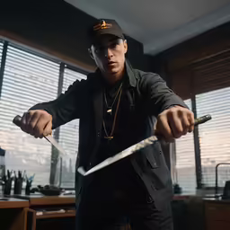 a man standing in an office holding a sword
