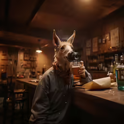 the llama is sitting in front of a beer glass