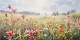 a grassy field with many red flowers in it
