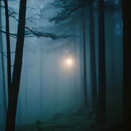 foggy woods with two trees, street lights and lanterns