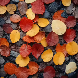 colorful leaves of fall on the ground with water droplets