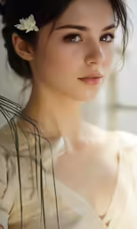 a woman wearing a flower is posing for a portrait