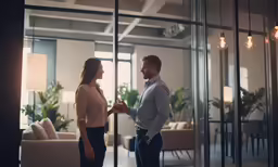 the man is greeting the woman with a hand shake