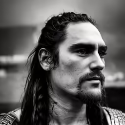 a close up of a man with long hair