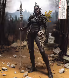 a female with horned face makeup holding a sception and a spear