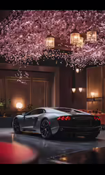 a grey sports car in front of a luxury hotel room