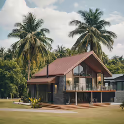 a house sitting next to a lush green forest