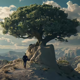 a man walking on a rocky cliff towards a large tree