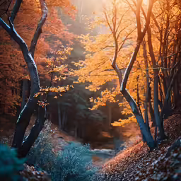 fall foliage is pictured in the woods near a river