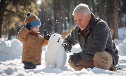 an older man and boy play with a snowman on the ground