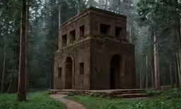 a stone structure in the woods surrounded by trees