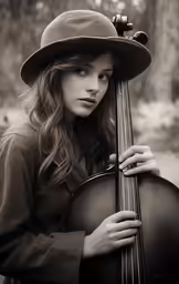 a woman wearing a hat with a cello