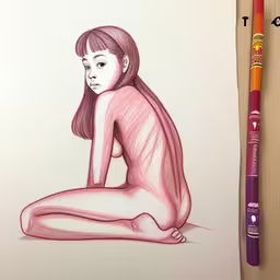 a pencil drawing of a girl sitting on the ground,a drawing of a woman in sitting position