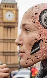someone with a clock tower in the background that looks like a face