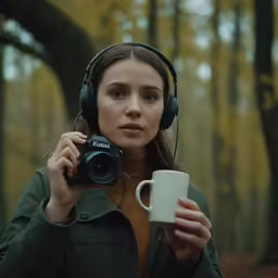 a woman holding a cup and headphones in a forest