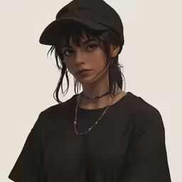 a young woman wearing a black hat with two necklaces