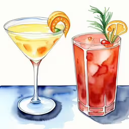 an image of two drinks in cups,two beverages one orange, the other blue on a counter top,a drawing of two cocktails one orange and the other blue,two colorful cocktails, one with orange wedge and one without,a drawing of a couple of cocktails sit on a table