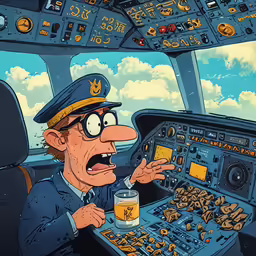 the pilot has his mouth wide open and holds a beer