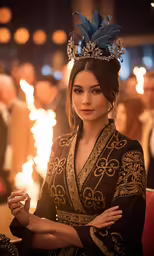 the young woman in a black dress is wearing a tiara and looking at something