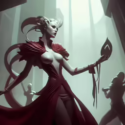 woman in white dress with sword in between two swords