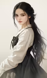 a woman in dress holding her hair in the wind
