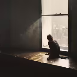 a person sitting alone looking out a window