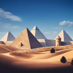 a desert landscape with a large pyramids in the distance