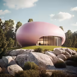 a pink dome like building surrounded by some trees