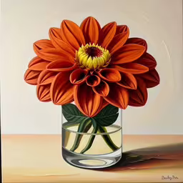 a vase with a flower inside of it,an oil painting of an orange flower in a vase