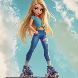 a cartoon picture of a blonde girl on a skate board