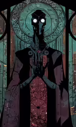 a graphic art painting with an alien standing with hands crossed